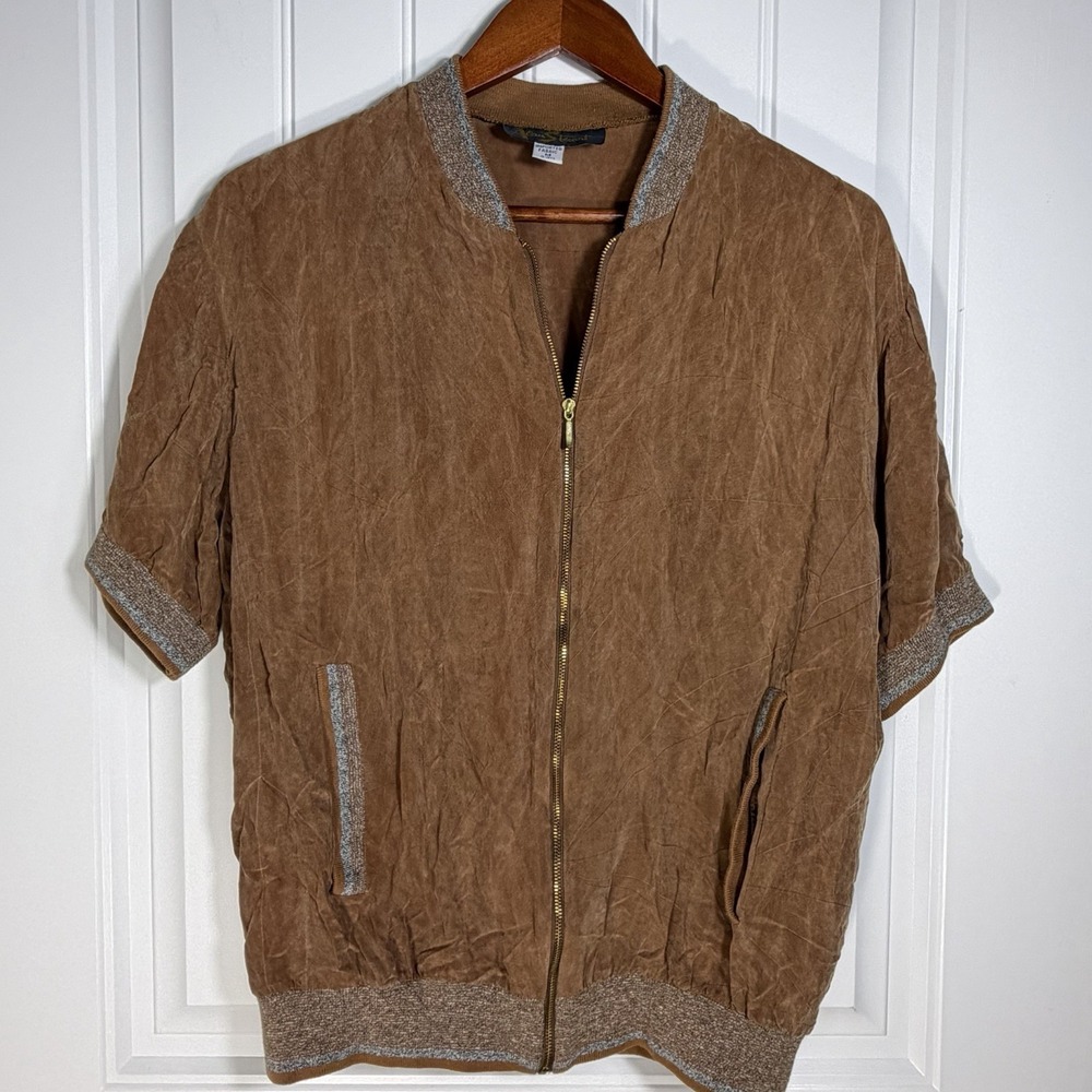 Vintage Alan Stuart Men's Brown Short Sleeve Zip Bomber Jacket Size M